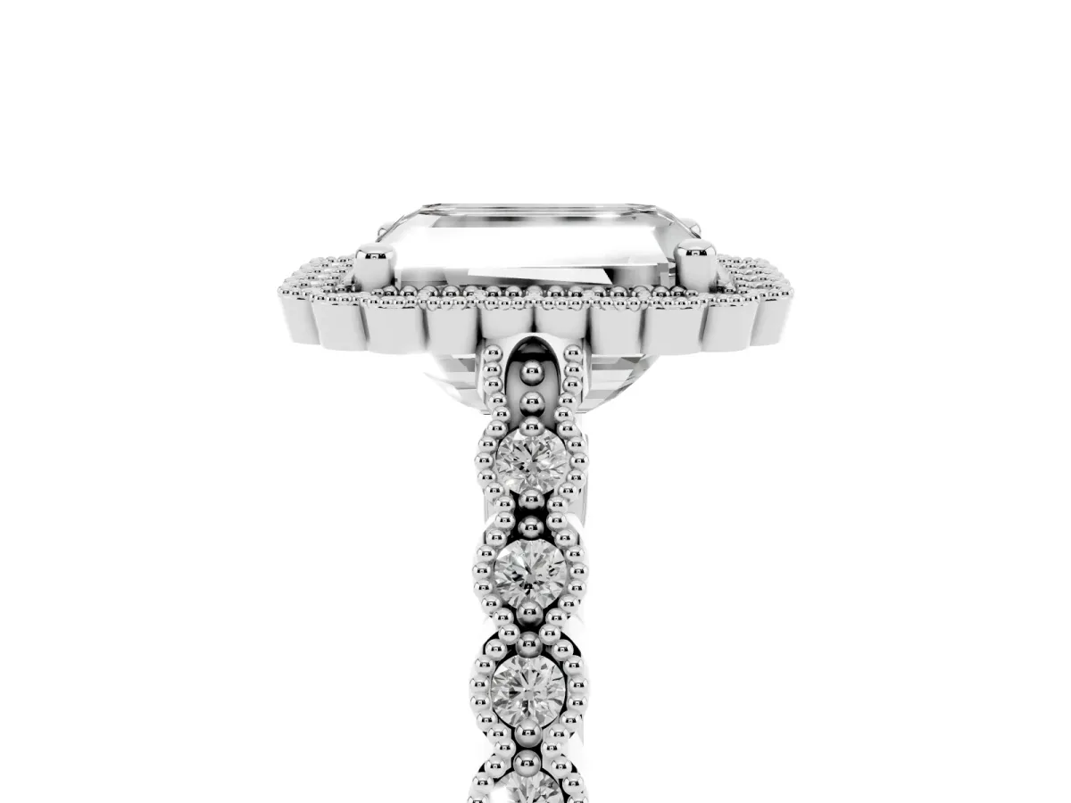 Radiant Cut Cut Halo Pavé Solitaire Ring with Milgrain Band Silver