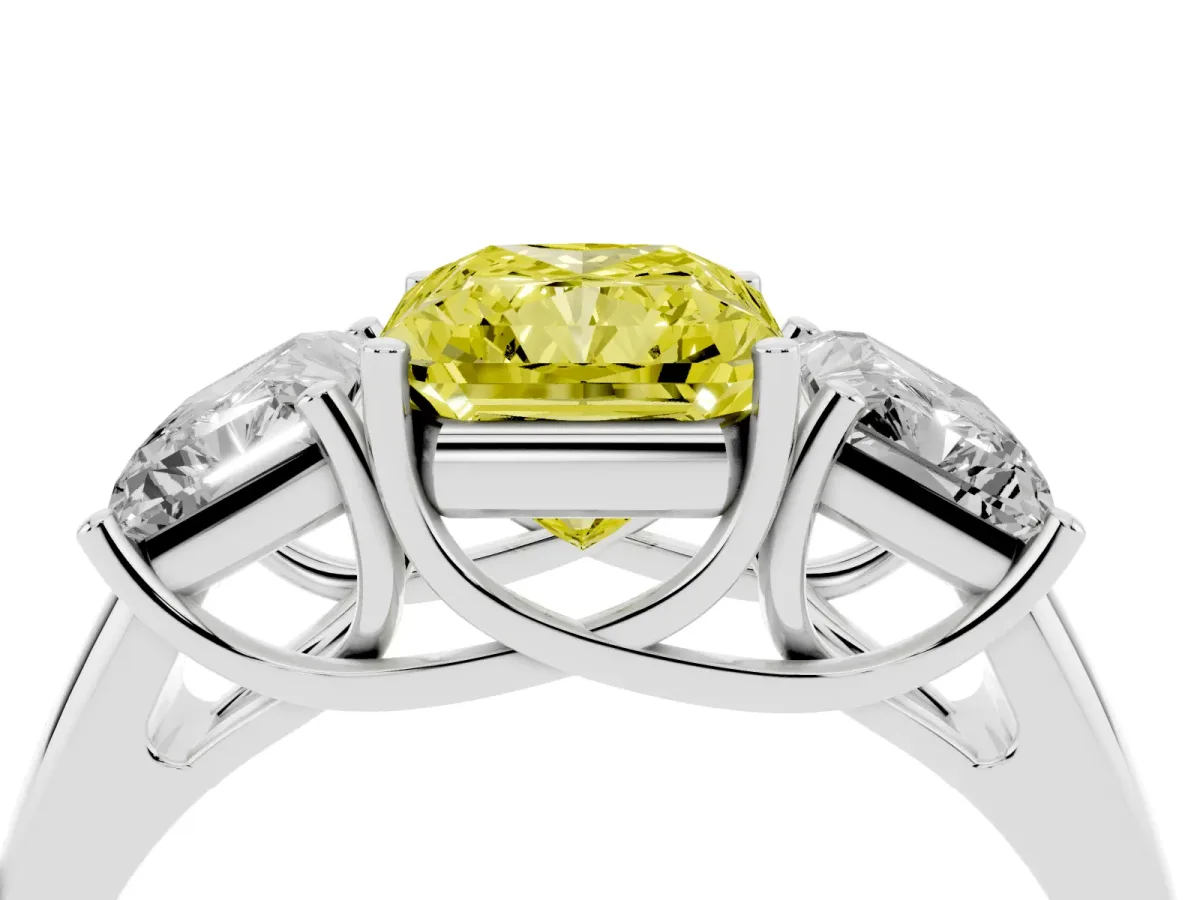 Fancy Yellow Three-Stone Radiant Cut Diamond Engagement Ring with Prong Setting Platinum