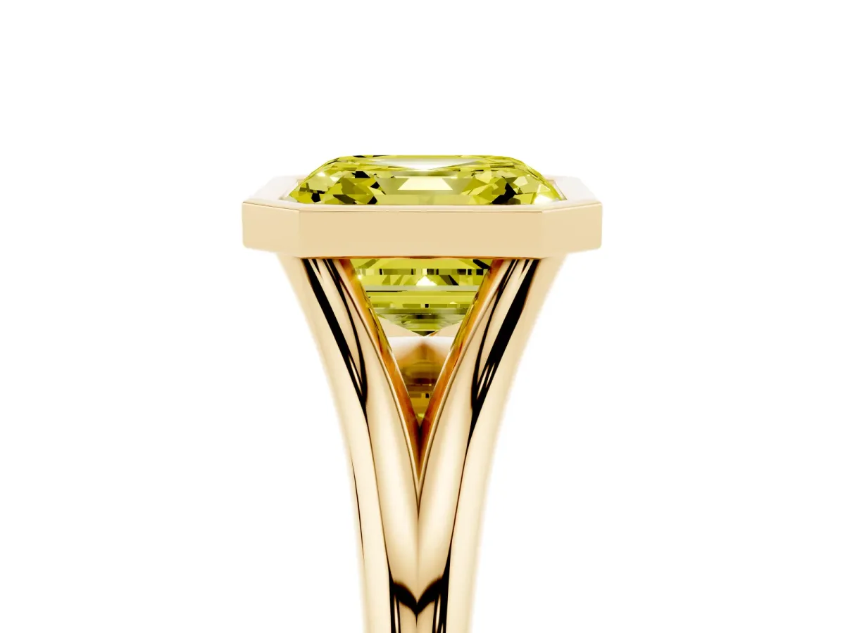 Fancy Yellow Bezel Set Asscher Cut Cut Solitaire Ring with Tapered Band Yellow gold