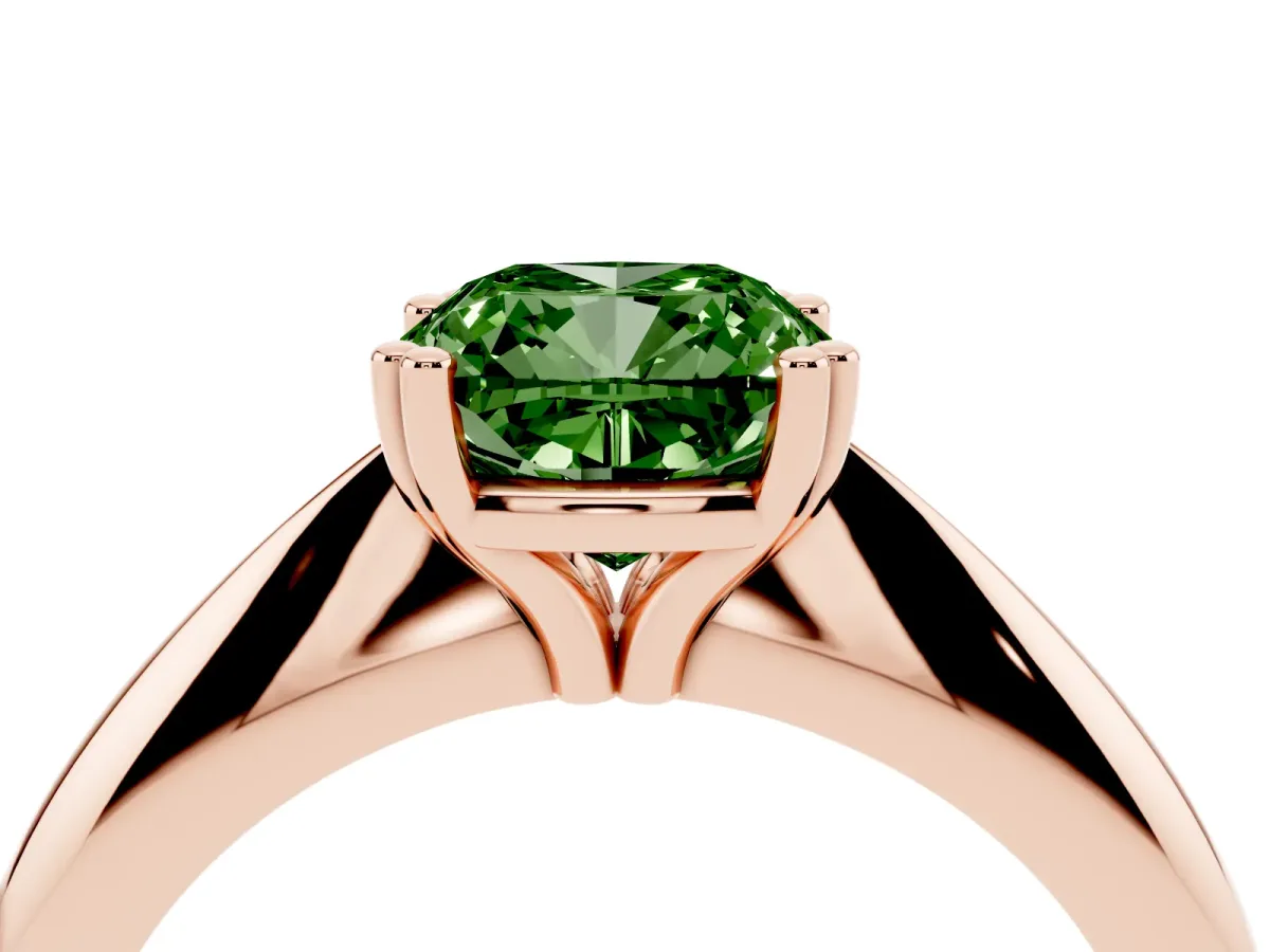 Fancy Green Cushion Cut Cut Solitaire Engagement Ring with Tapered Band and Four-Prong Setting Rose gold