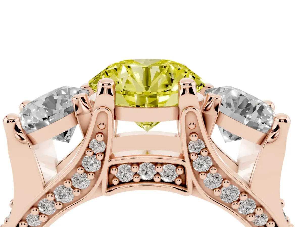 Fancy Yellow Round Cut Diamond Three-Stone Ring with Channel Set Band and Four-Prong Setting Rose gold