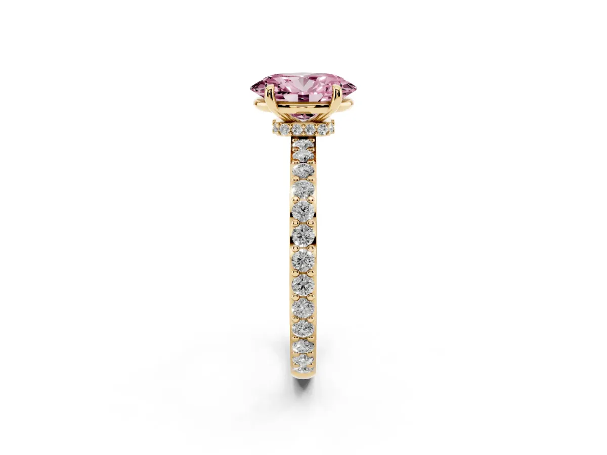 Fancy Pink Oval Cut Diamond Pavé Engagement Ring with Round Accents and Prong Setting Yellow gold
