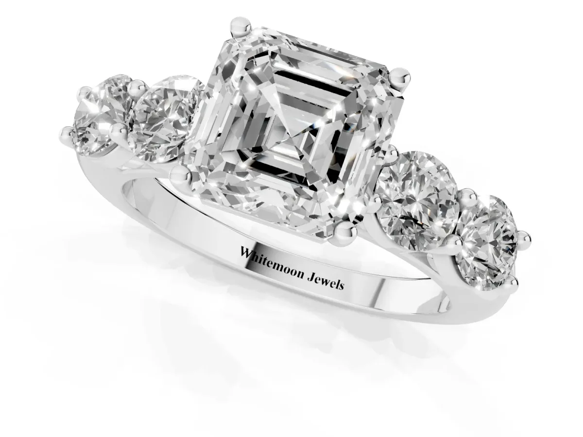 Asscher Cut Cut Five-Stone Prong Set Diamond Ring with Classic Band White gold