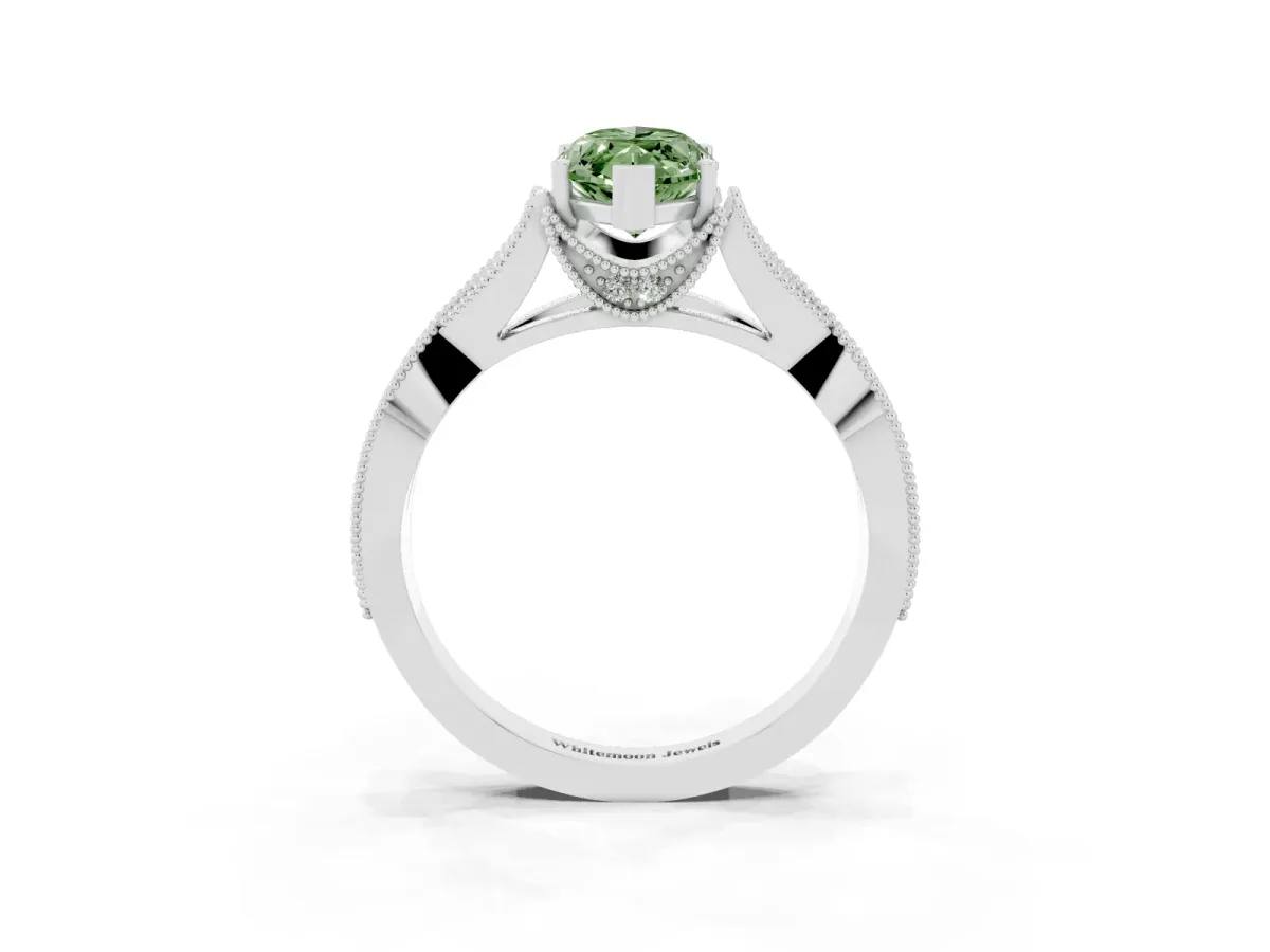 Fancy Green Marquise Cut Cut Diamond Twisted Band with Milgrain Pave Setting and Four-Prong Setting White gold