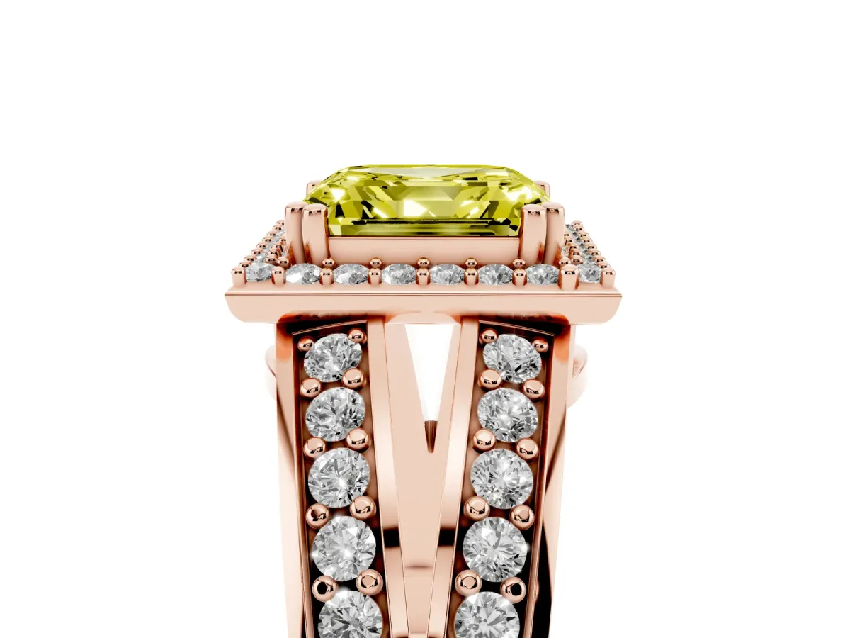 Fancy Yellow Asscher Cut Diamond Halo Ring with Split Shank Pavé Band and Four-Prong Setting Rose gold