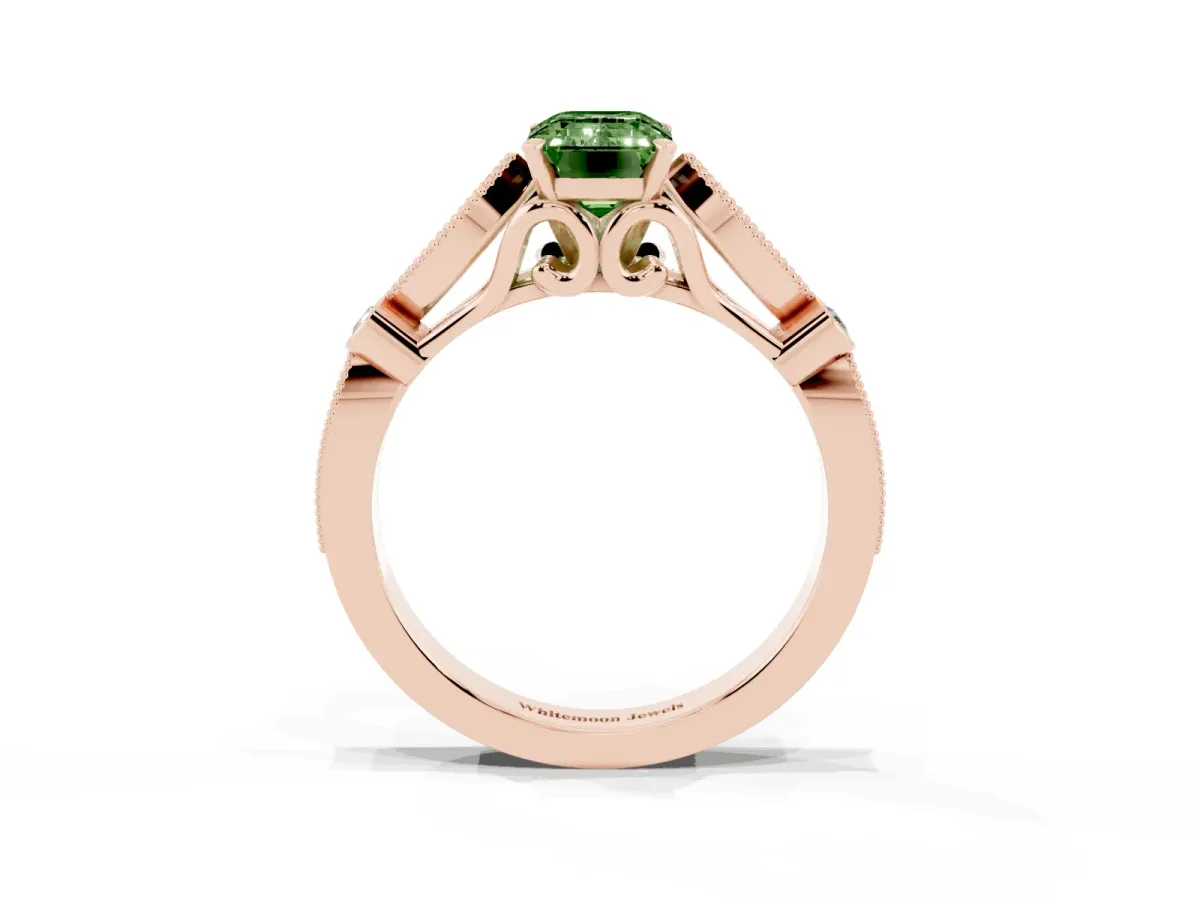 Fancy Green Emerald Cut Cut Diamond with Milgrain Marquise and Bezel Accents on a Solitaire Band with Prong Setting Rose gold