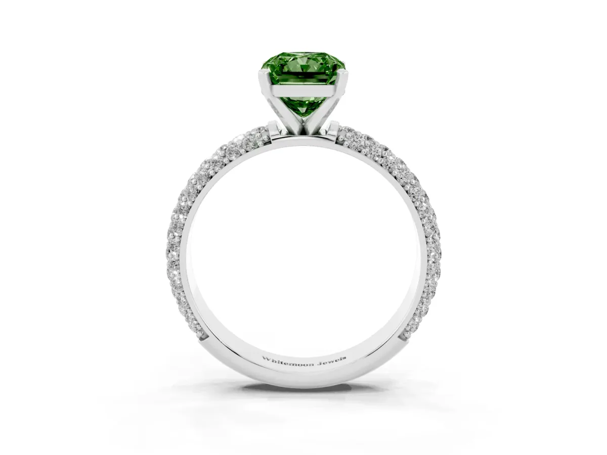 Fancy Green Radiant Cut Diamond Solitaire Ring with Prong Setting and Pavé Band Silver