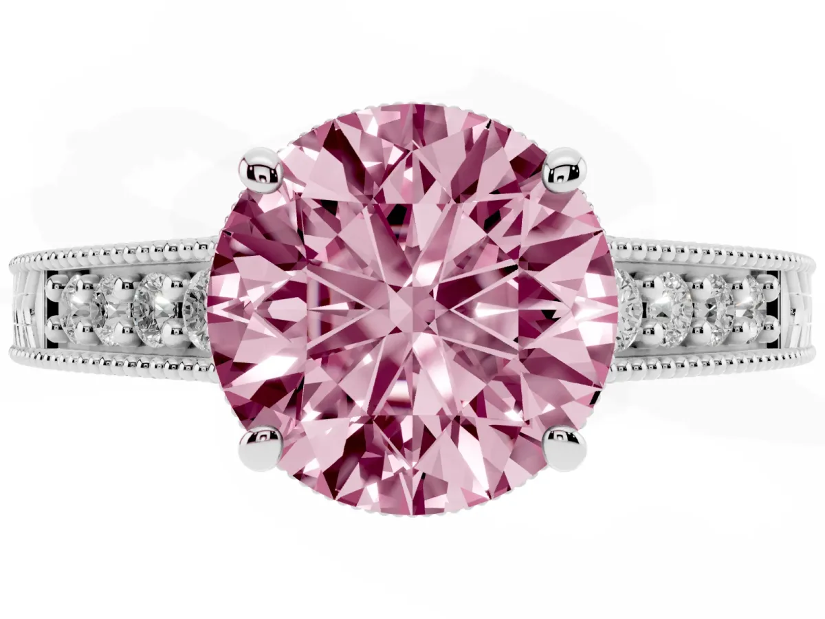 Fancy Pink Round Cut Solitaire Pavé Diamond Milgrain Engagement Ring with Four-Prong Setting Silver
