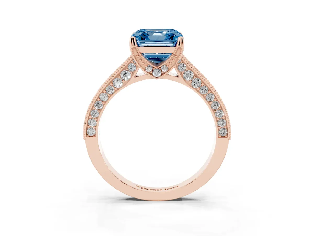 Fancy Blue Asscher Cut Cut Diamond Solitaire Ring with Milgrain Pave Band and Four Prong Setting Rose gold