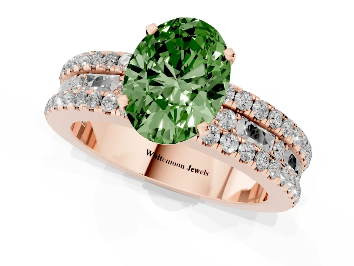 Fancy Green Oval Cut Diamond Solitaire Ring with Pavé and Channel Set Band Rose gold