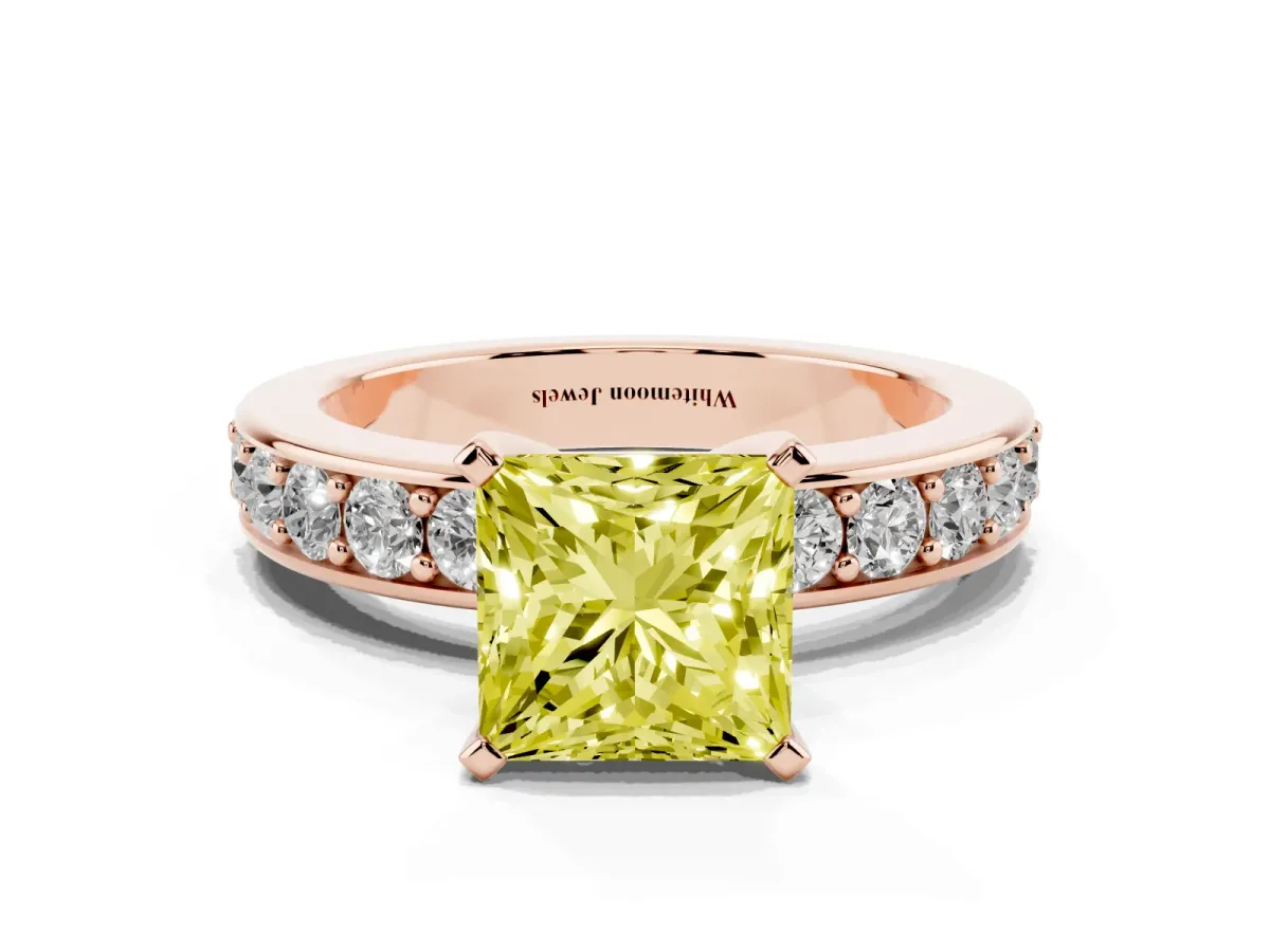 Fancy Yellow Princess Cut Diamond Engagement Ring with Channel Set Round Band and Prong Setting Rose gold