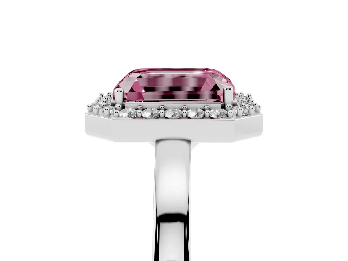 Fancy Pink Radiant Cut Halo Diamond Ring with Solitaire Band and Prong Setting Platinum