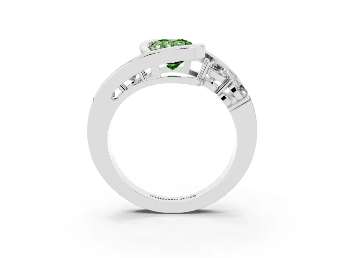 Fancy Green Bezel Set Oval Cut Diamond Bypass Ring with Round Accents Silver