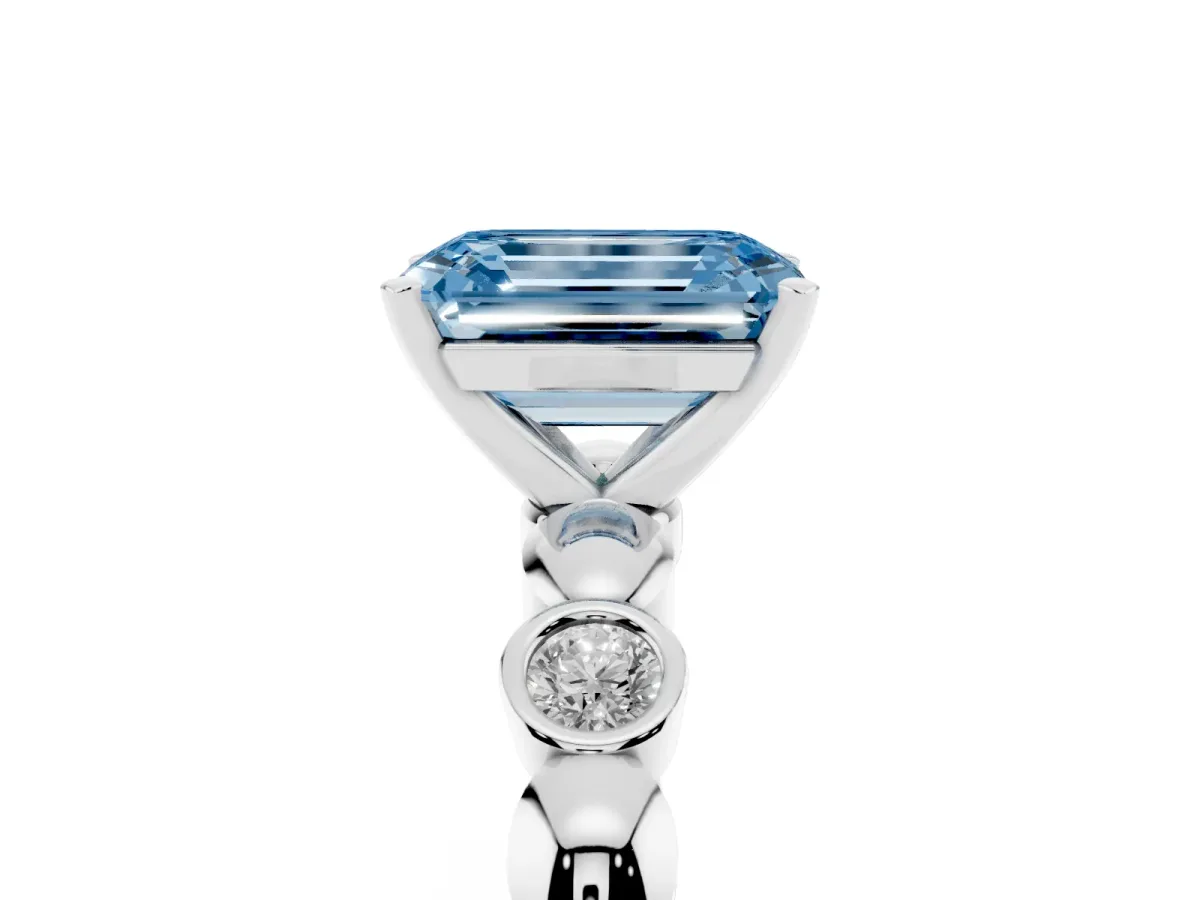 Fancy Blue Emerald Cut Solitaire Bezel-Set Diamond Ring with Beaded Band and Four-Prong Setting Silver
