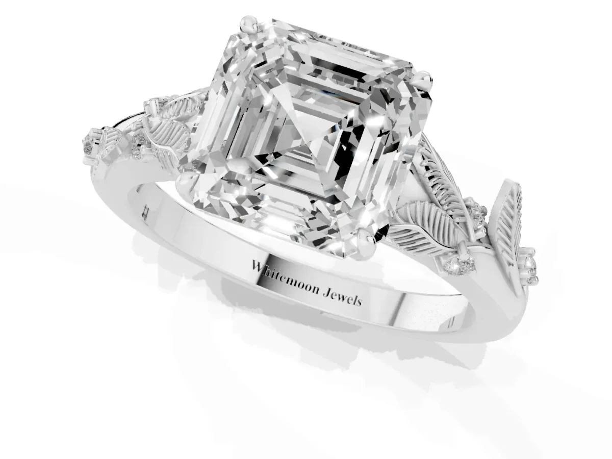 Asscher Cut Diamond Solitaire Ring with Leaf Motif Band and Four-Prong Setting Silver