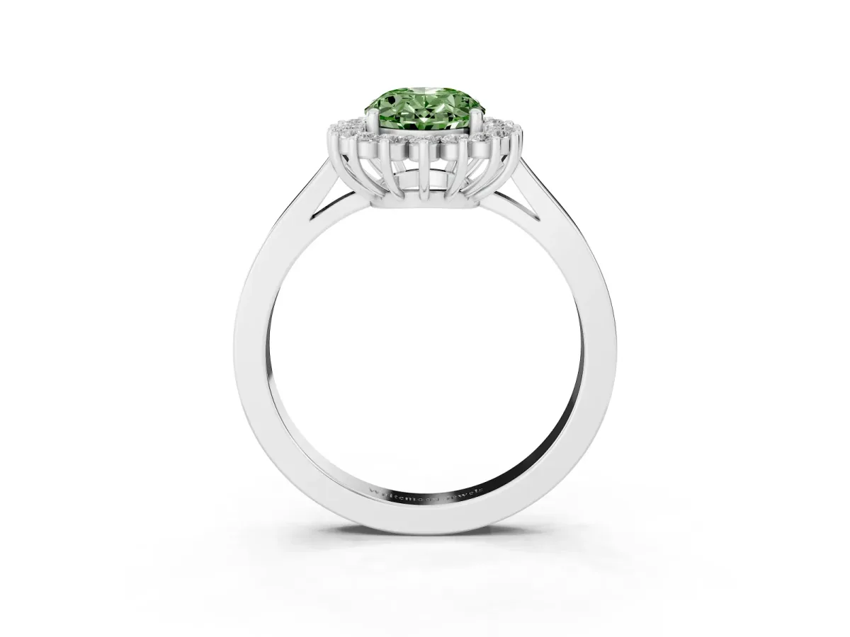 Fancy Green Oval Cut Cut Diamond Halo Ring with Round Brilliant Halo and Solitaire Band Silver