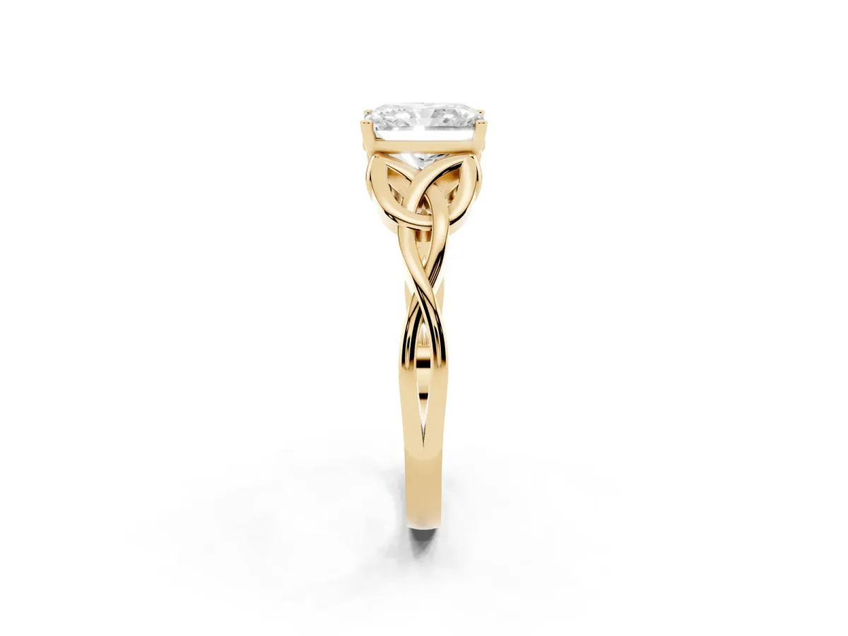 Radiant Cut Diamond Solitaire Engagement Ring with Celtic Knot Band and Four-Prong Setting Yellow gold