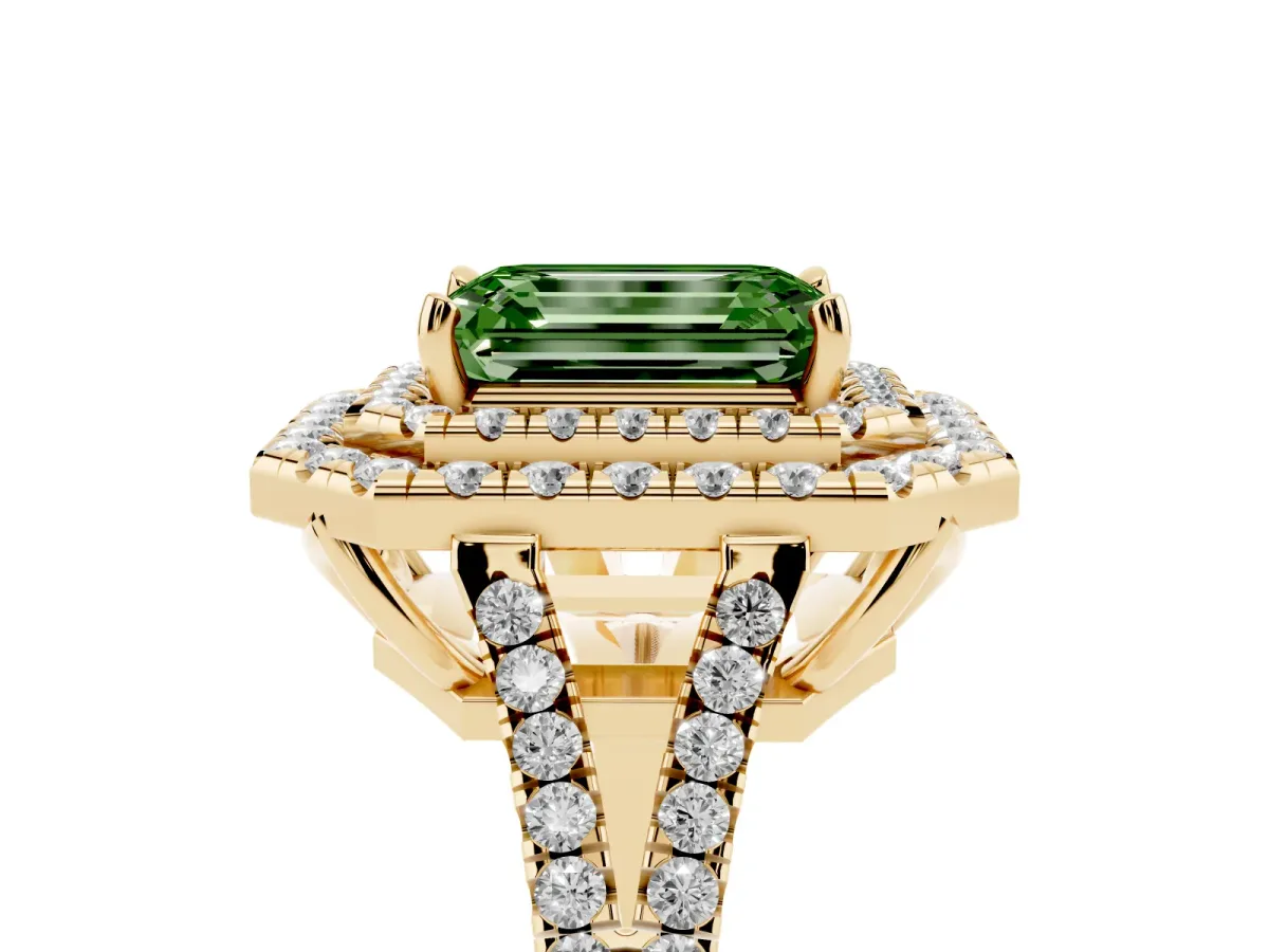 Fancy Green Emerald Cut Diamond Double Halo Ring with Pavé Band and Prong Setting Yellow gold