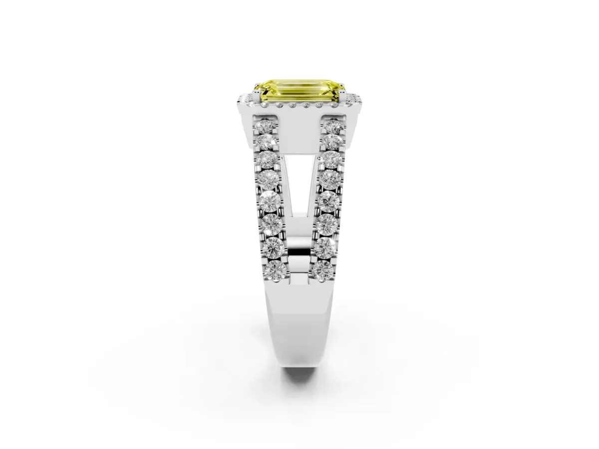 Fancy Yellow Emerald Cut Cut Halo Split Shank Diamond Ring with Four-Prong Setting Silver