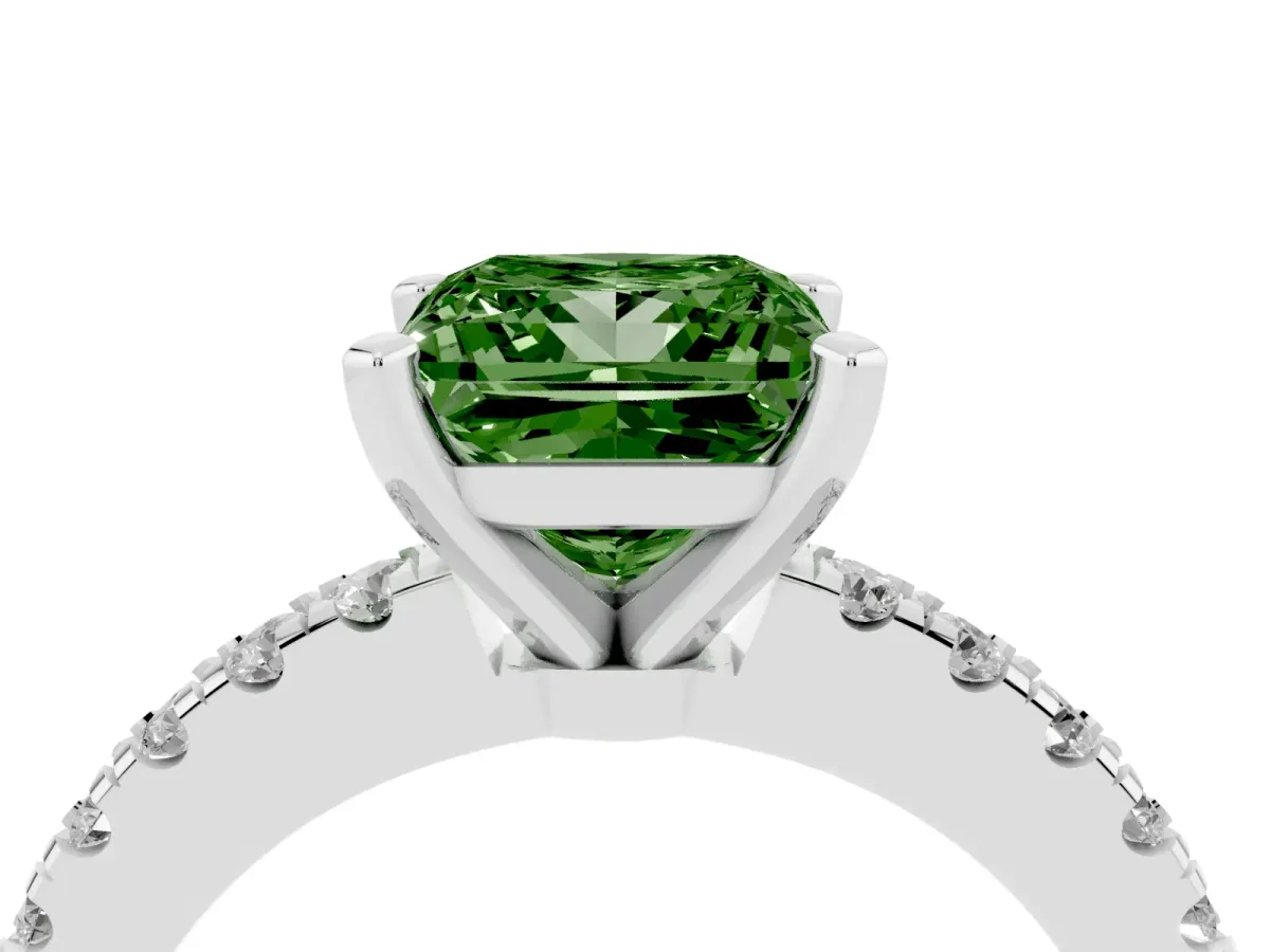 Fancy Green Princess Cut Solitaire Diamond with Pavé Band and Four-Prong Setting Platinum