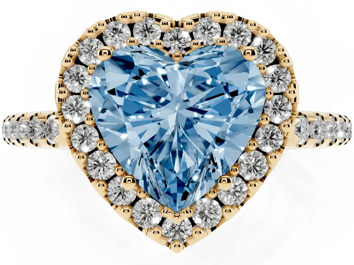 Fancy Blue Heart Cut Diamond Pavé Halo Ring with Four-Prong Setting Yellow gold
