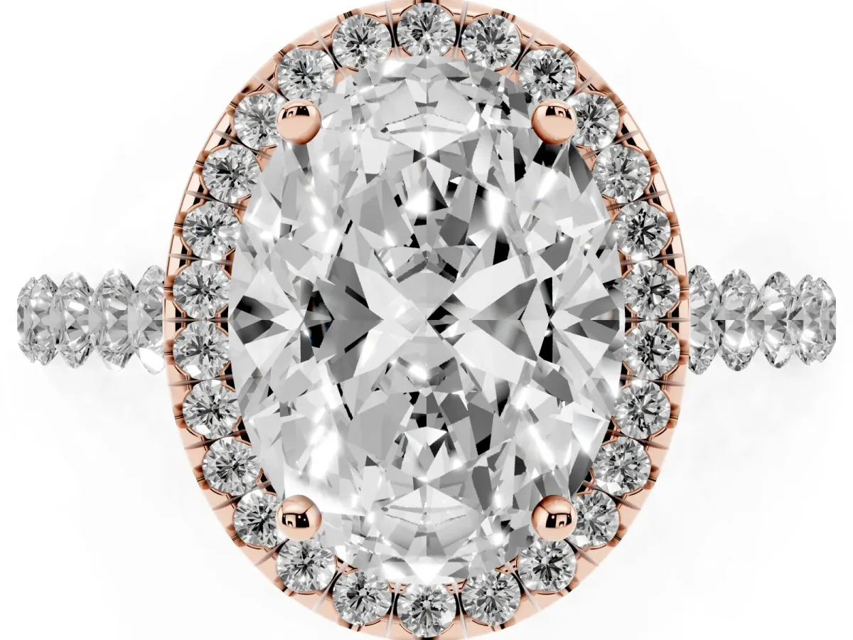 Oval Cut Halo Pavé Diamond Engagement Ring with Four-Prong Setting Rose gold