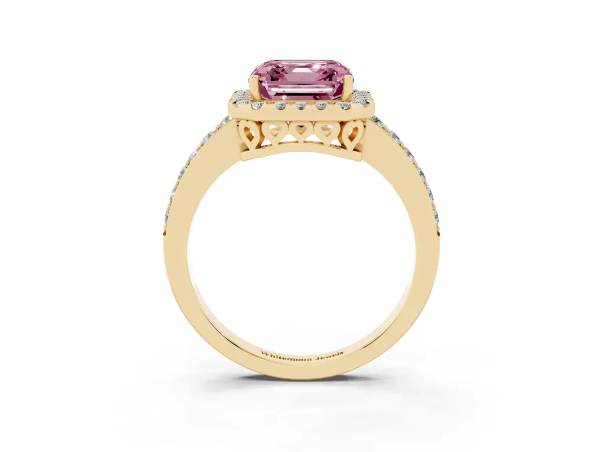 Fancy Pink Asscher Cut Halo Diamond Pavé Band Ring with Prong Setting Yellow gold