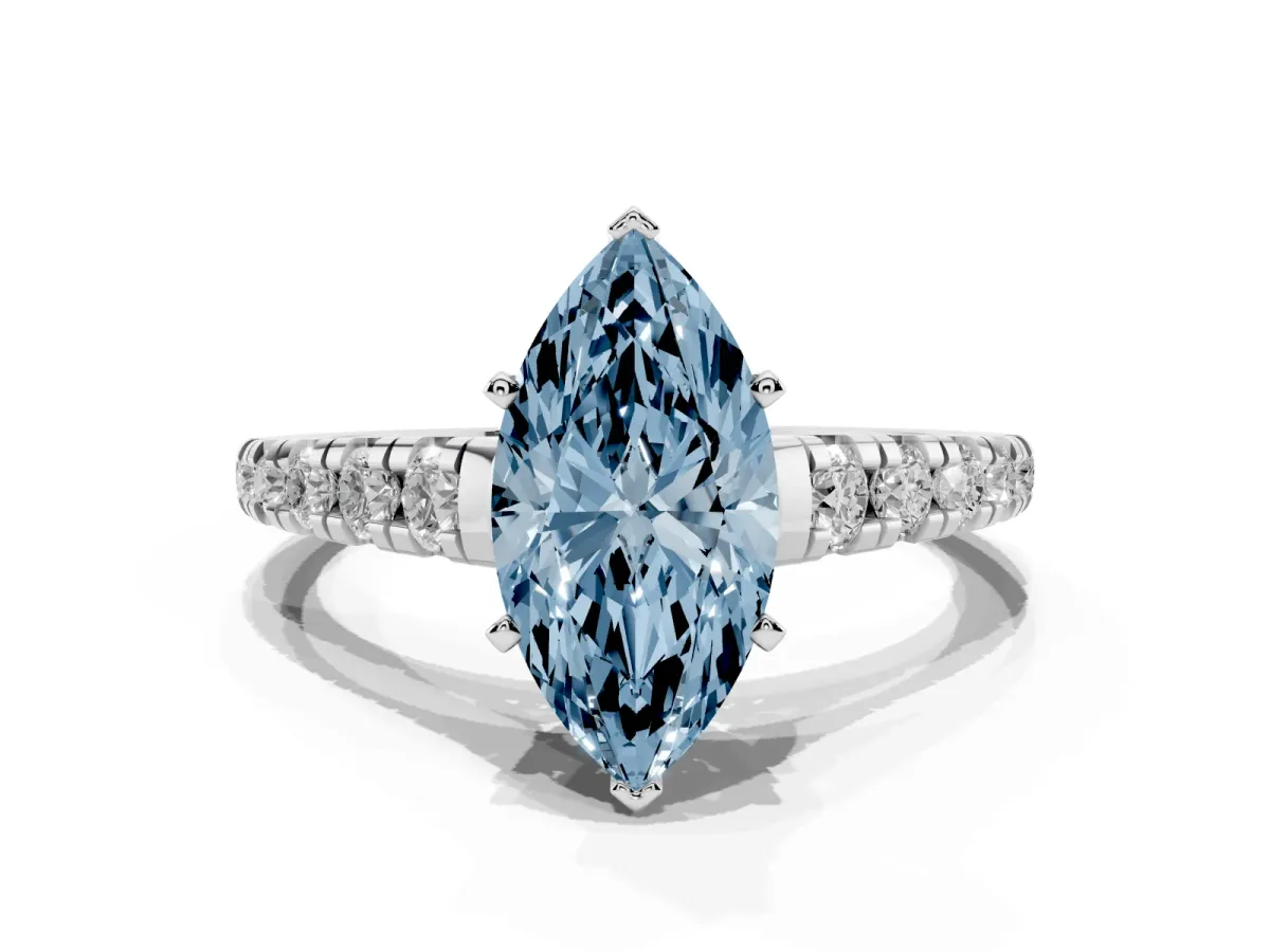 Fancy Blue Marquise Cut Diamond Cathedral Solitaire Ring with Round Pavé Band Silver