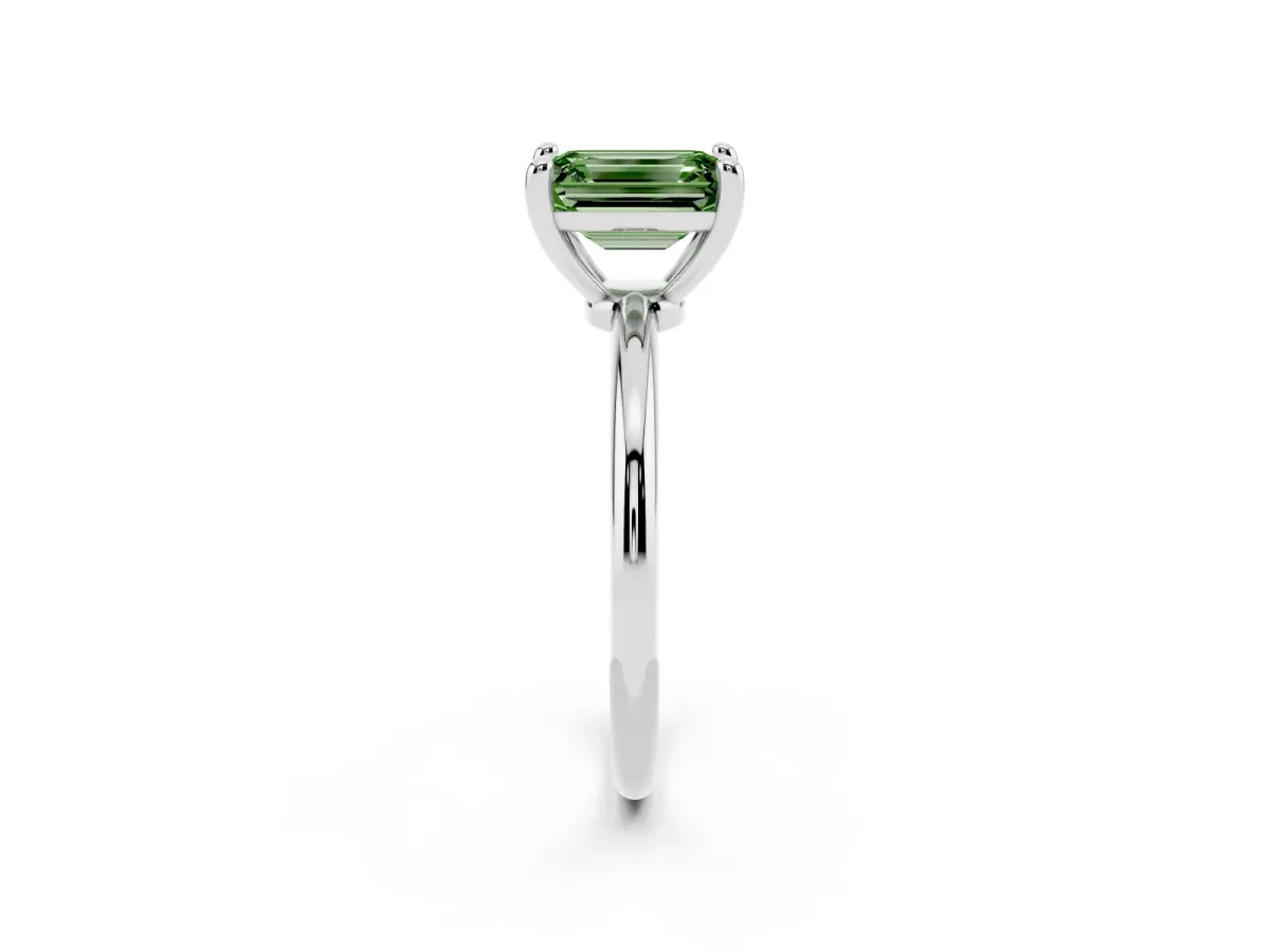 Fancy Green Emerald Cut Solitaire Diamond Ring with 4-Prong Setting on a Classic Band Platinum