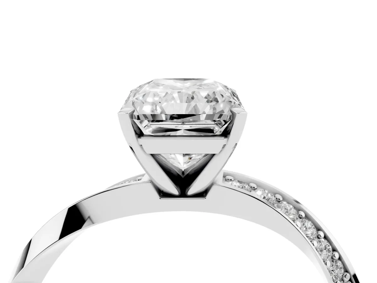 Radiant Cut Diamond Engagement Ring with Side Stone Accents and Four-Prong Setting Silver