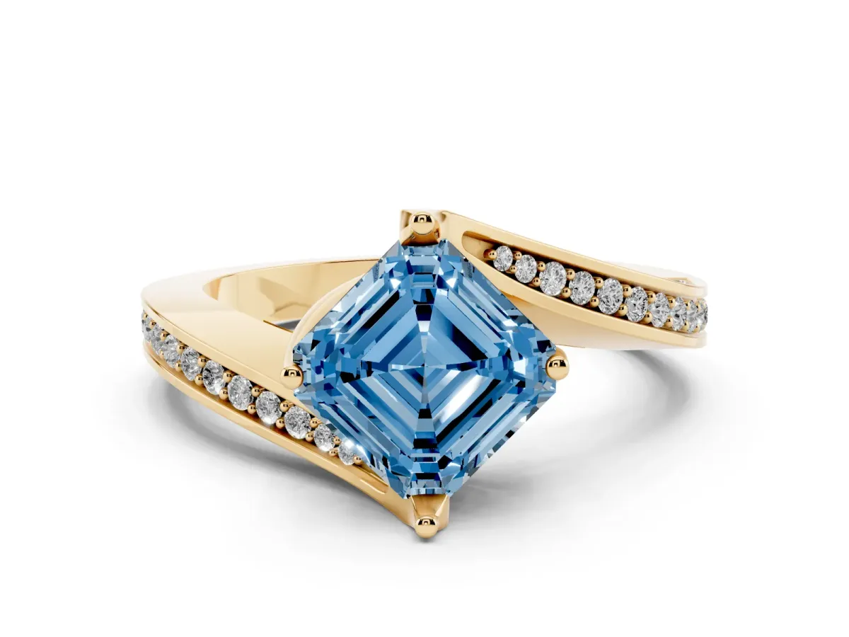 Fancy Blue Asscher Cut Solitaire Diamond Twist Band with Pavé Setting and Four-Prong Setting Yellow gold