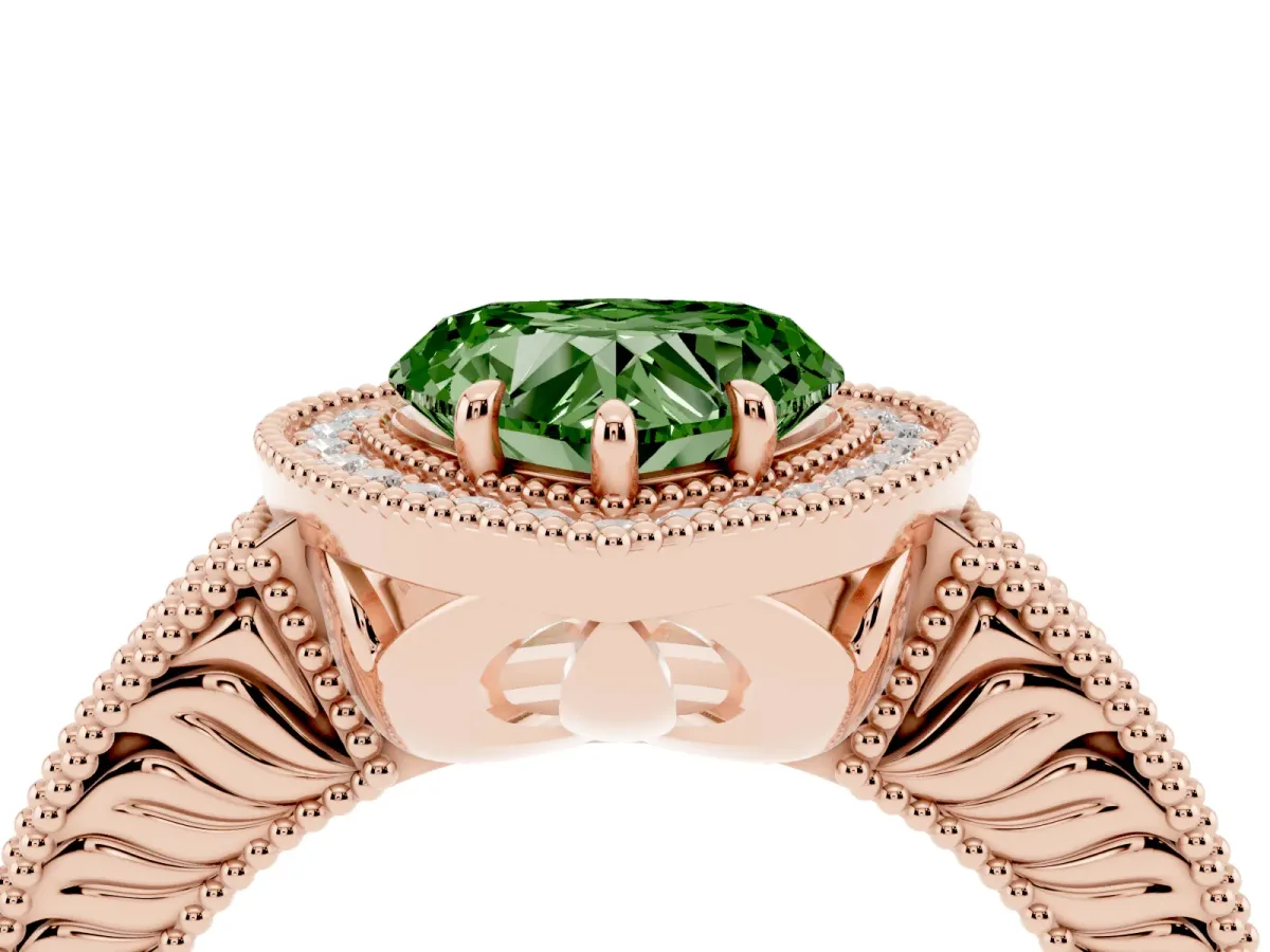 Fancy Green Heart Cut Cut Halo Diamond Ring with Pavé Band and Four-Prong Setting Rose gold