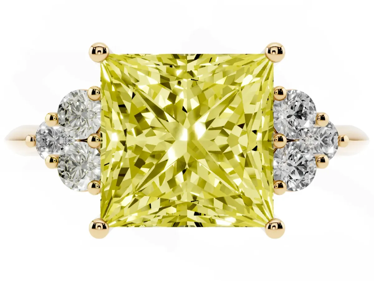 Fancy Yellow Princess Cut Cut Diamond Cluster Ring with Solitaire Band and Four-Prong Setting Yellow gold