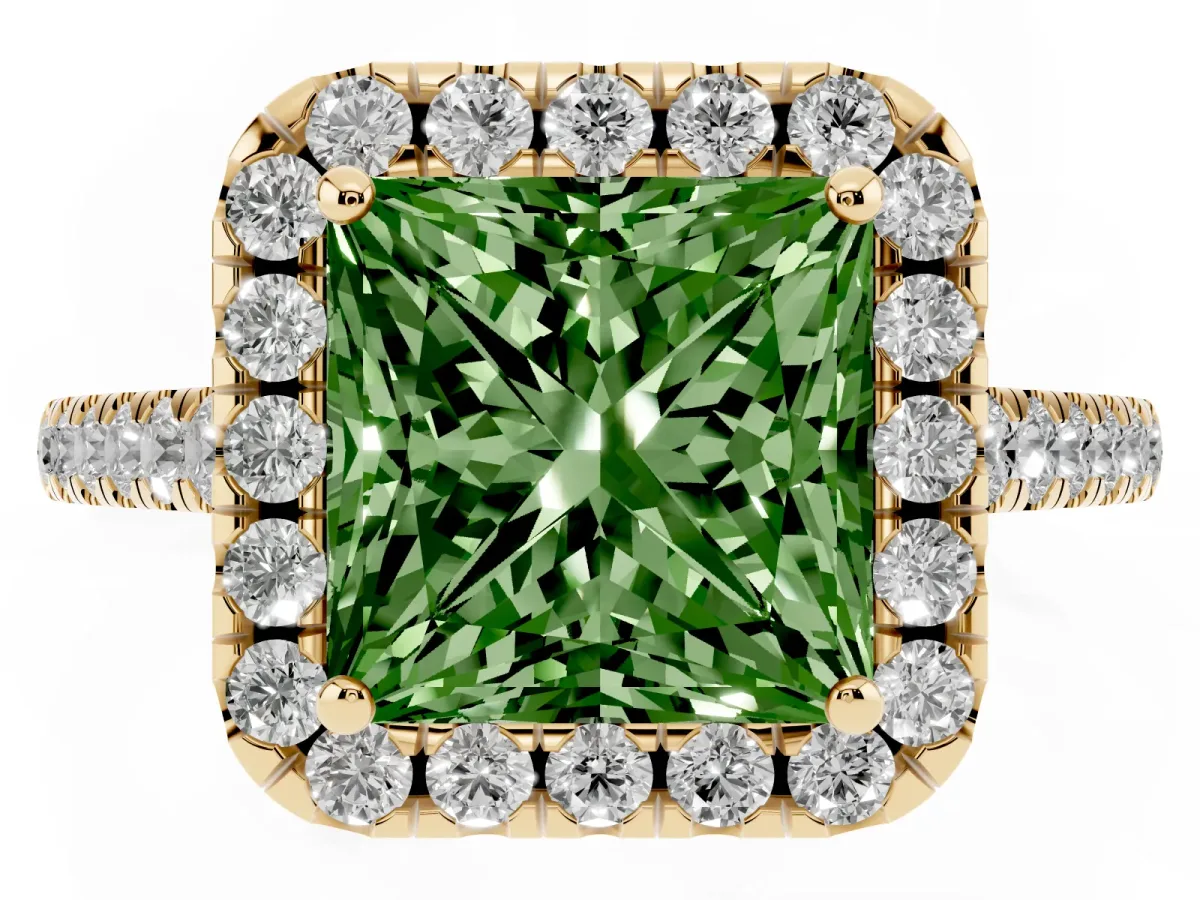 Fancy Green Princess Cut Halo Pave Diamond Engagement Ring with Four-Prong Setting Yellow gold