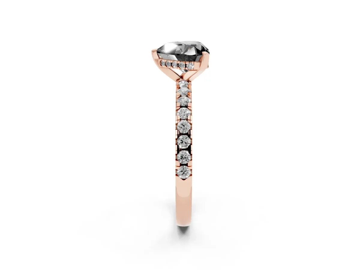 Fancy Black Heart Cut Diamond Solitaire Ring with Round Pavé Band and Four-Prong Setting Rose gold