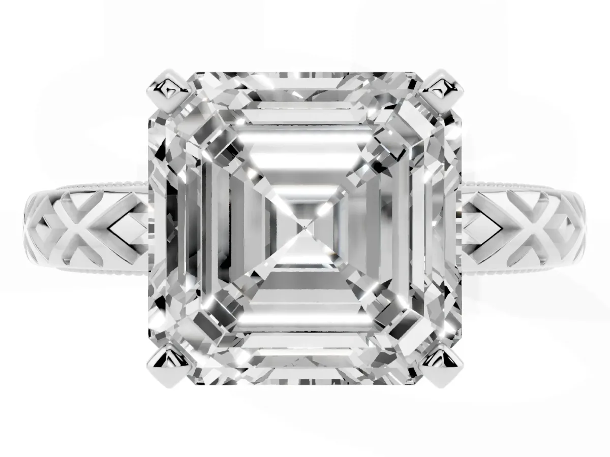 Asscher Cut Solitaire Diamond Ring with Milgrain and Black Enamel X Pattern Band Silver