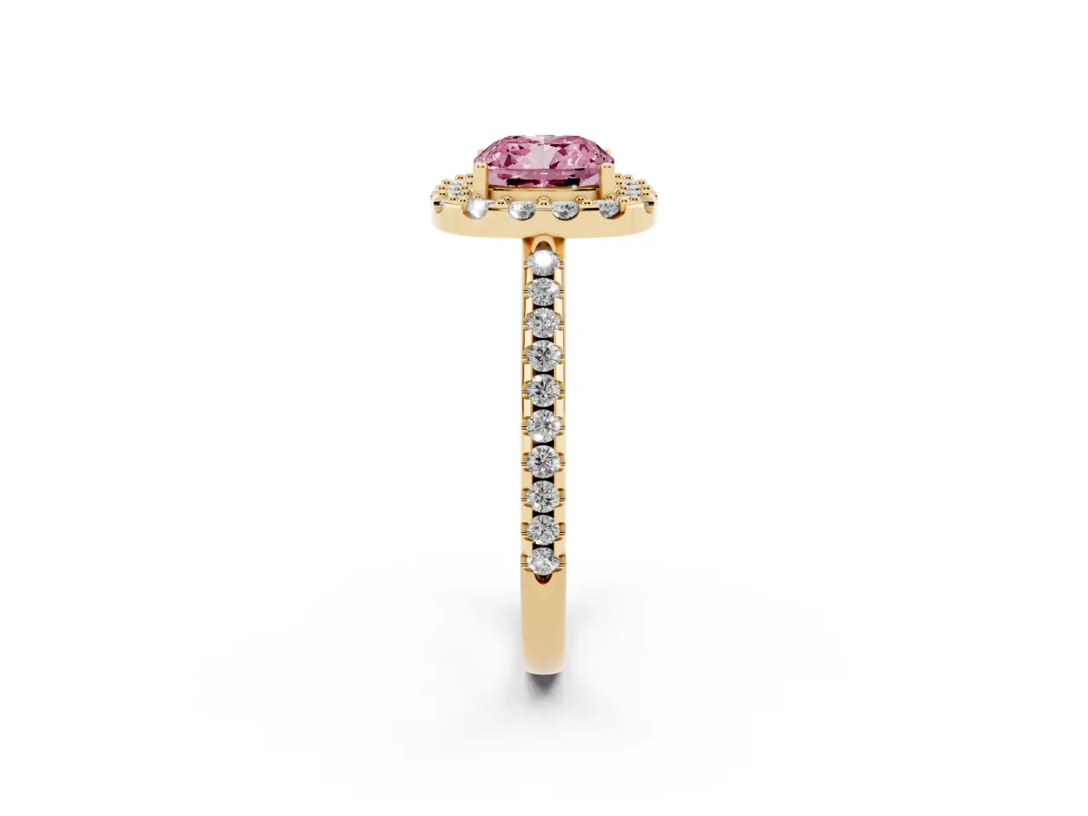 Fancy Pink Cushion Cut Diamond Pavé Halo Ring with Four-Prong Setting Yellow gold