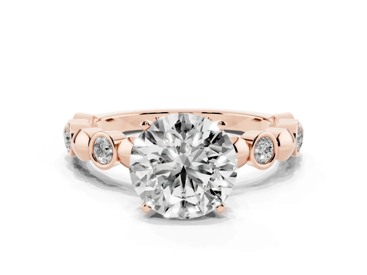 Round Cut Solitaire Bezel-Set Diamond Ring with Beaded Band and Four-Prong Setting Rose gold