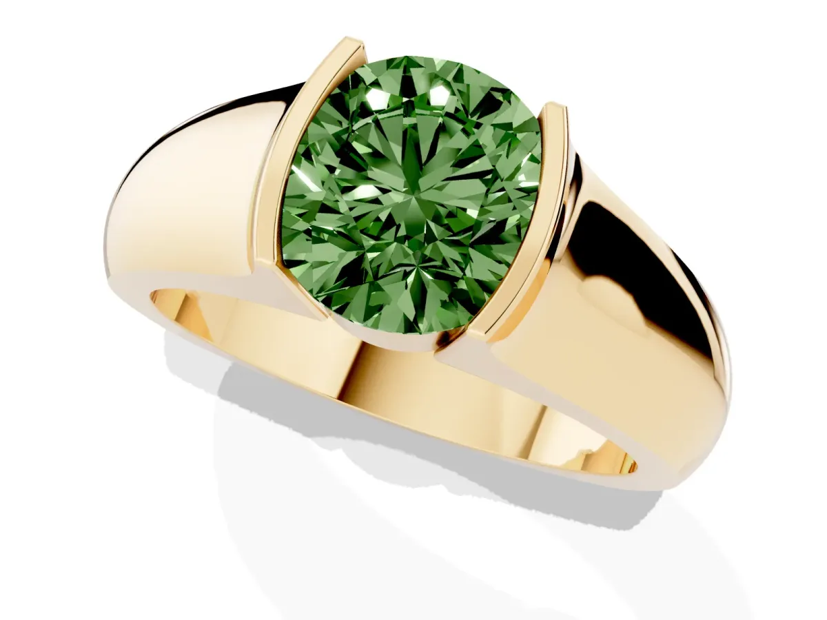 Fancy Green Round Cut Solitaire Bezel Set Diamond Ring with Wide Band Yellow gold