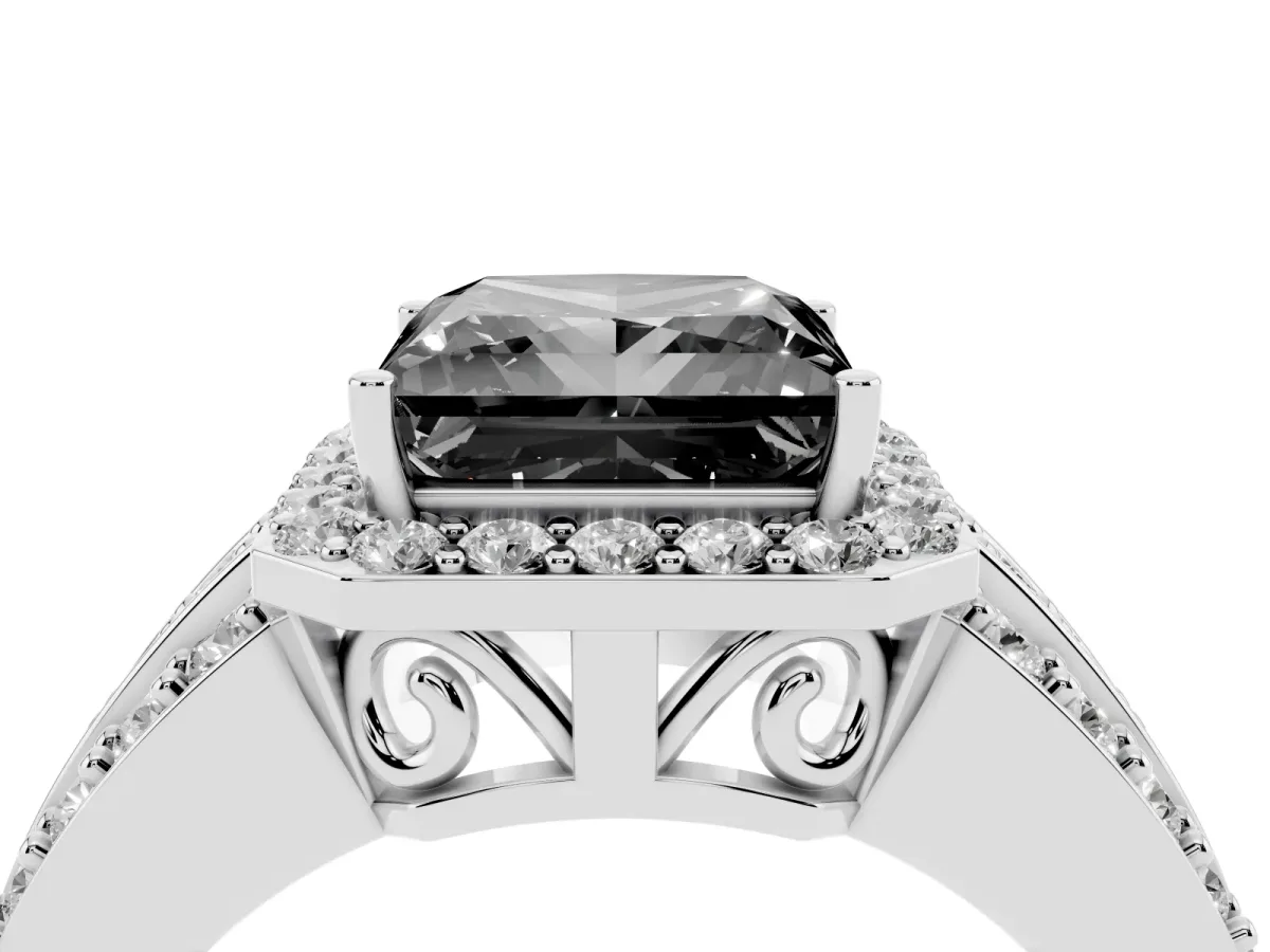 Fancy Black Princess Cut Halo Diamond Ring with Round Split Shank and Prong Setting Platinum