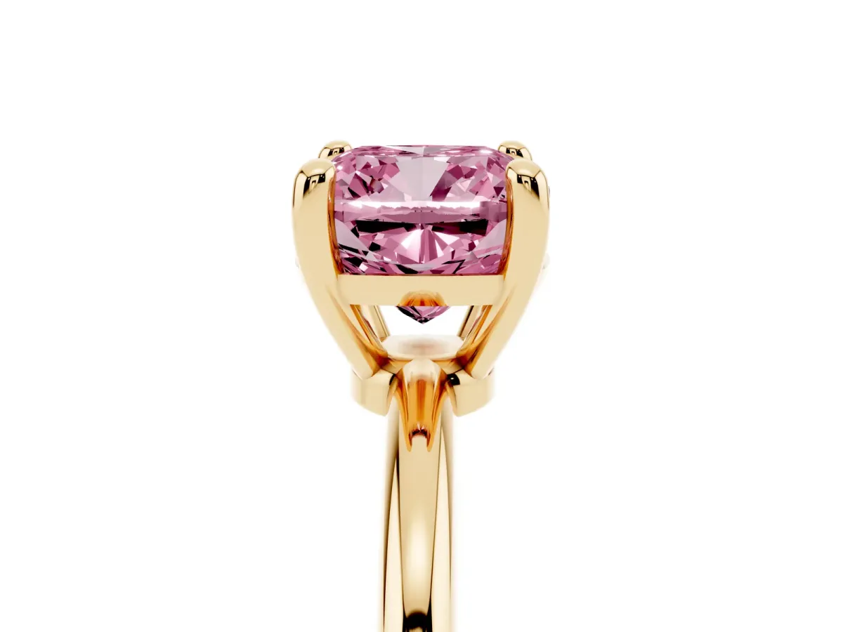Fancy Pink Cushion Cut Solitaire Diamond Ring with 4-Prong Setting on a Classic Band Yellow gold