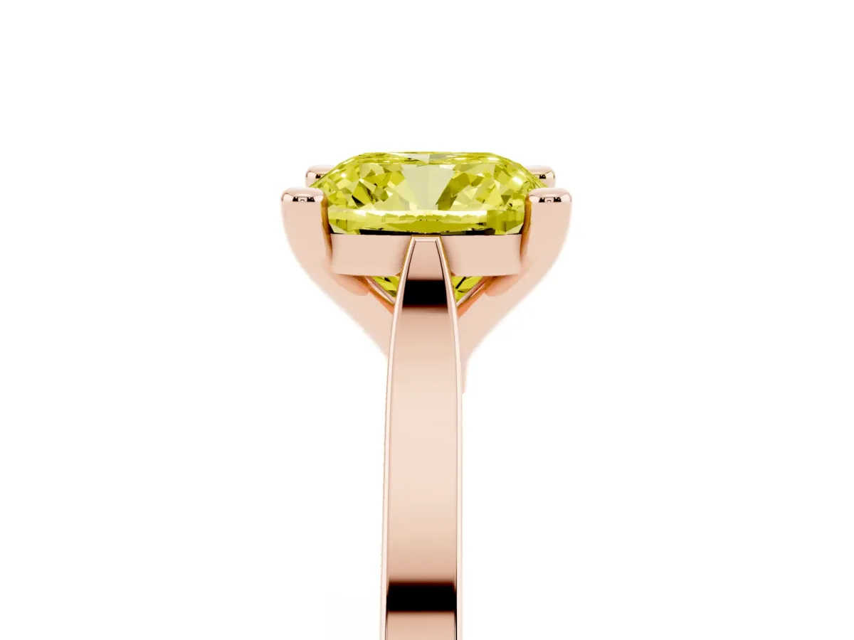 Fancy Yellow Cushion Cut Solitaire Diamond Ring with Four-Prong Setting and Tapered Band Rose gold