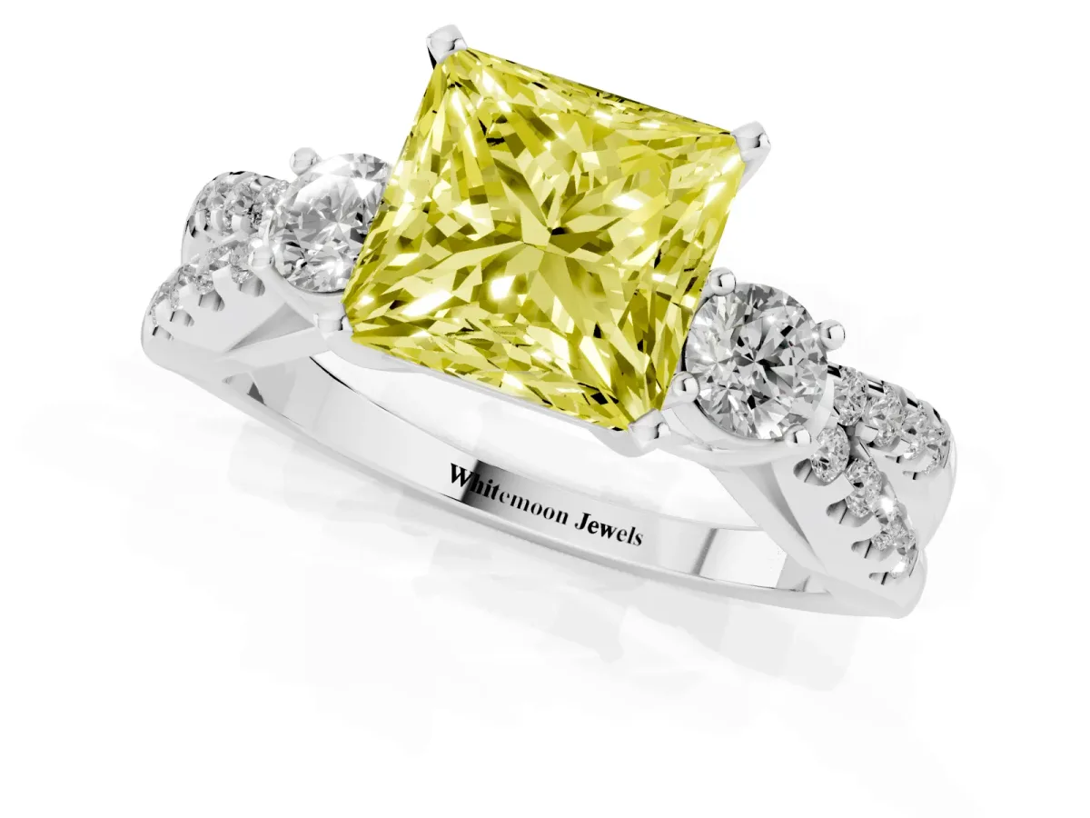 Fancy Yellow Princess Cut Diamond Three-Stone Ring with Pavé Split Shank and Four-Prong Setting Platinum