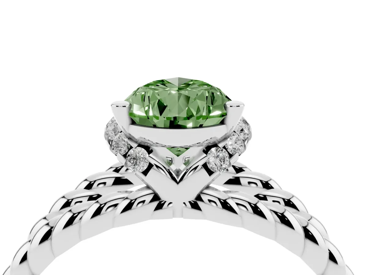 Fancy Green Pear Cut Halo Twisted Band Four-Prong Ring Silver