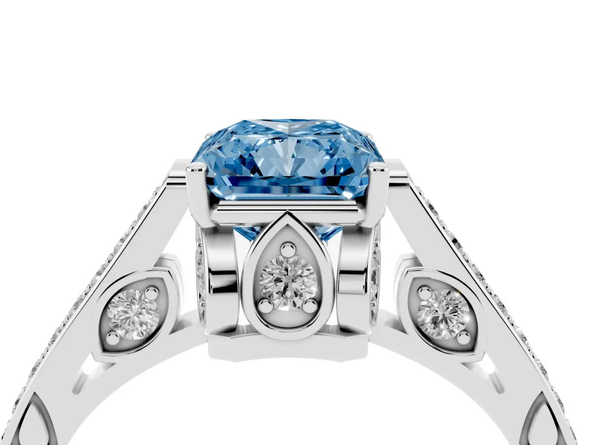 Fancy Blue Radiant Cut Cut Cathedral Pave Diamond Engagement Ring with Six-Prong Setting Silver