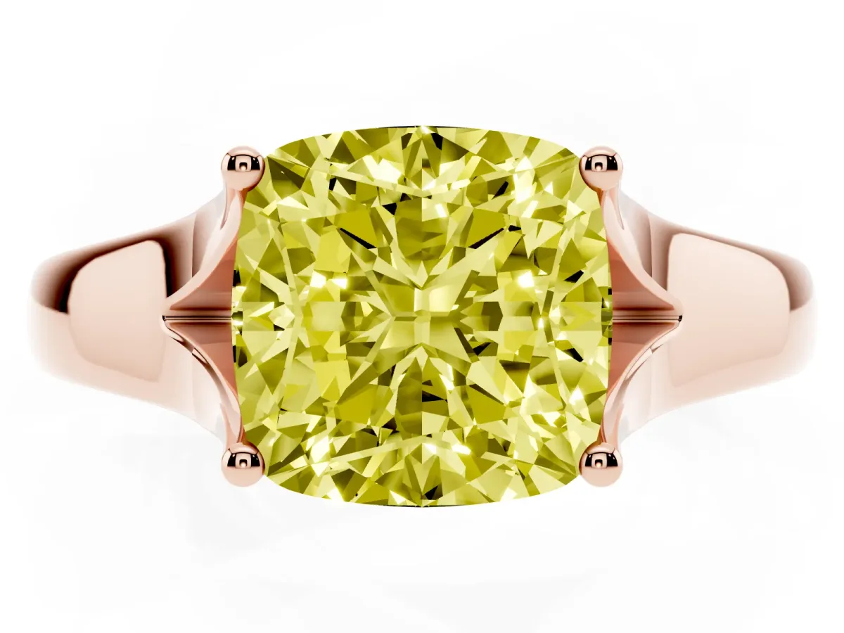 Fancy Yellow Cushion Cut Solitaire Diamond Ring with Cathedral Band and Four-Prong Setting Rose gold