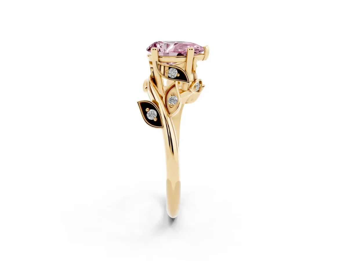 Fancy Pink Pear Cut Solitaire Twist Engagement Ring with Leaf Accents and Prong Setting Yellow gold