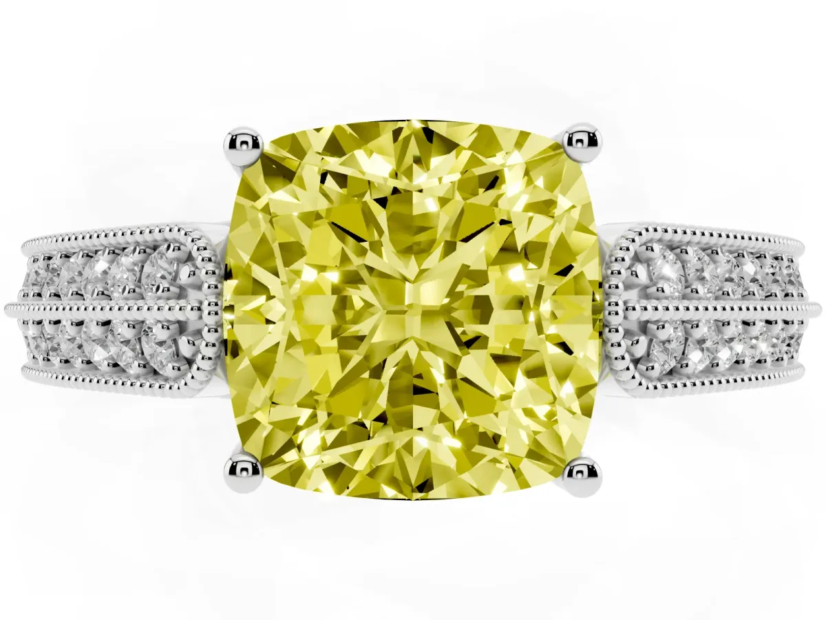 Fancy Yellow Cushion Cut Cut Pave Split Shank Engagement Ring with Four-Prong Setting White gold