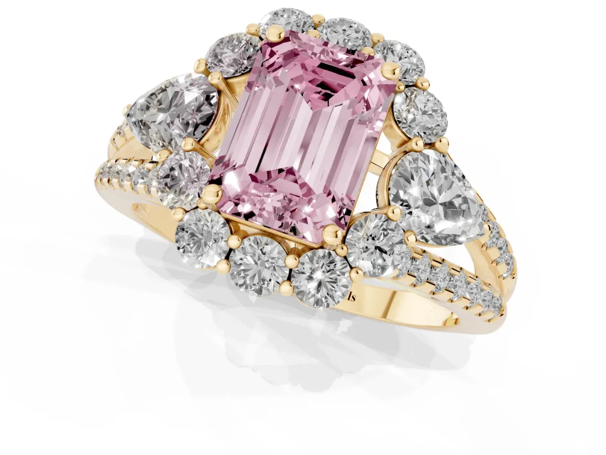 Fancy Pink Emerald Cut Halo Split Shank Diamond Engagement Ring with Prong Setting Yellow gold