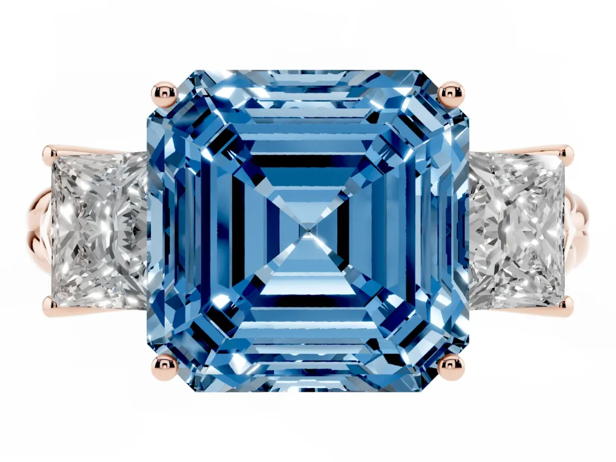 Fancy Blue Three-Stone Asscher Cut Diamond Braided Band Ring with Four-Prong Setting Rose gold